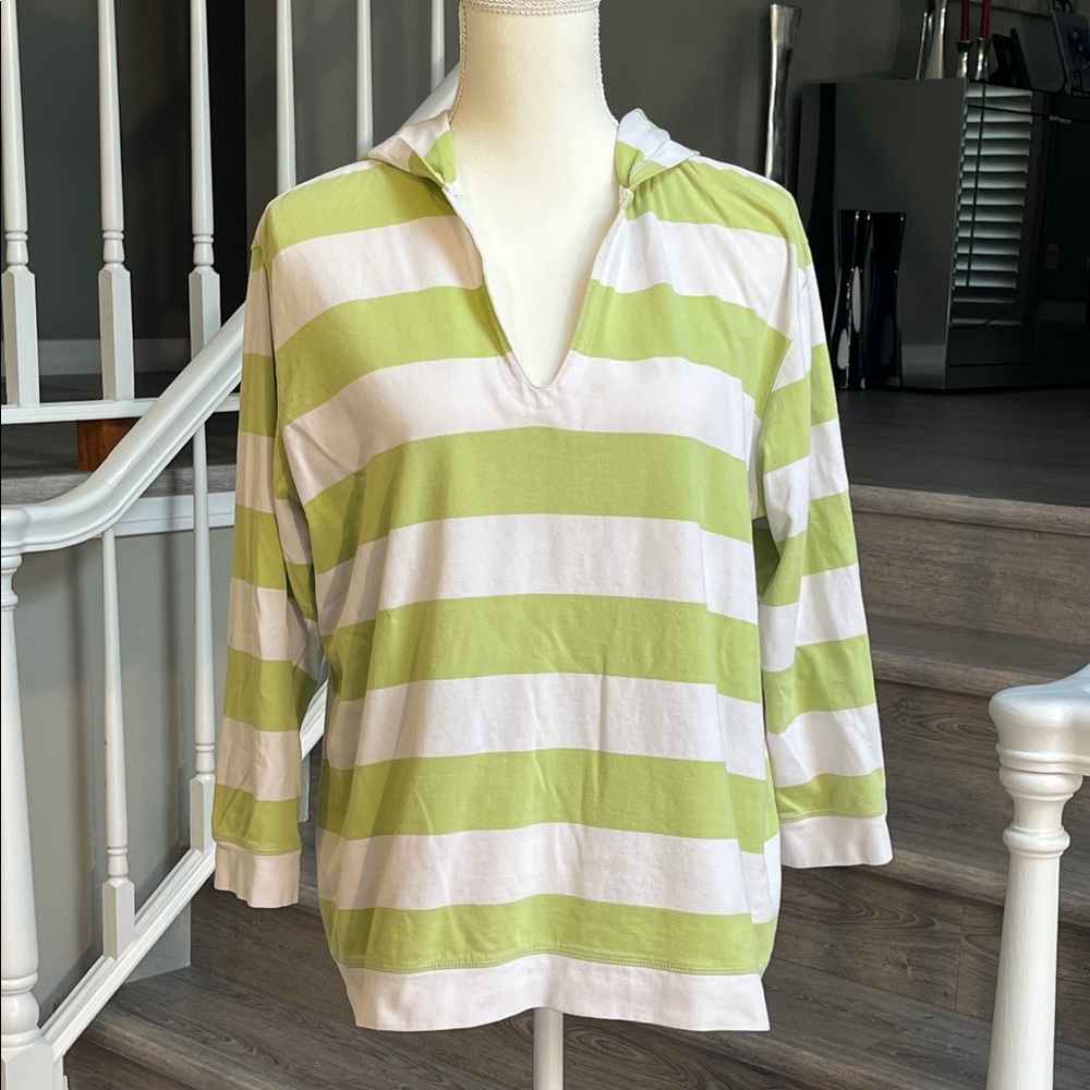 Chico's Green and White Striped Hooded Tee
